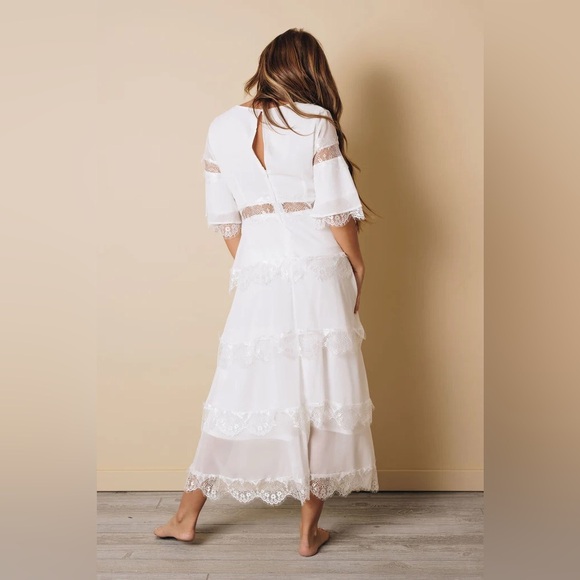 Tulle High Waist Hollow Out Lace Short Sleeve V Neck Long Dress - Picture 10 of 10